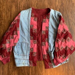Handmade Patchwork Denim and burgundy and pink Jacket
